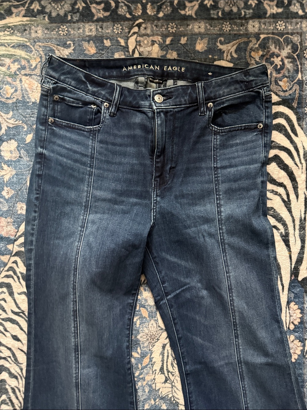 American Eagle Outfitters Dark Blue Flared Jeans with Front Slits 14 - Picture 2 of 8